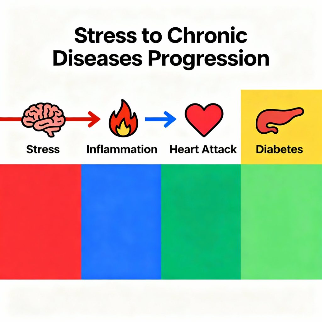 Diagram showing stress inflammation pathway to chronic disease