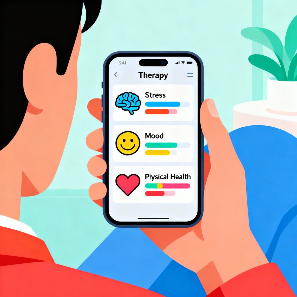 Person tracking mental health and physical symptoms in therapy app
