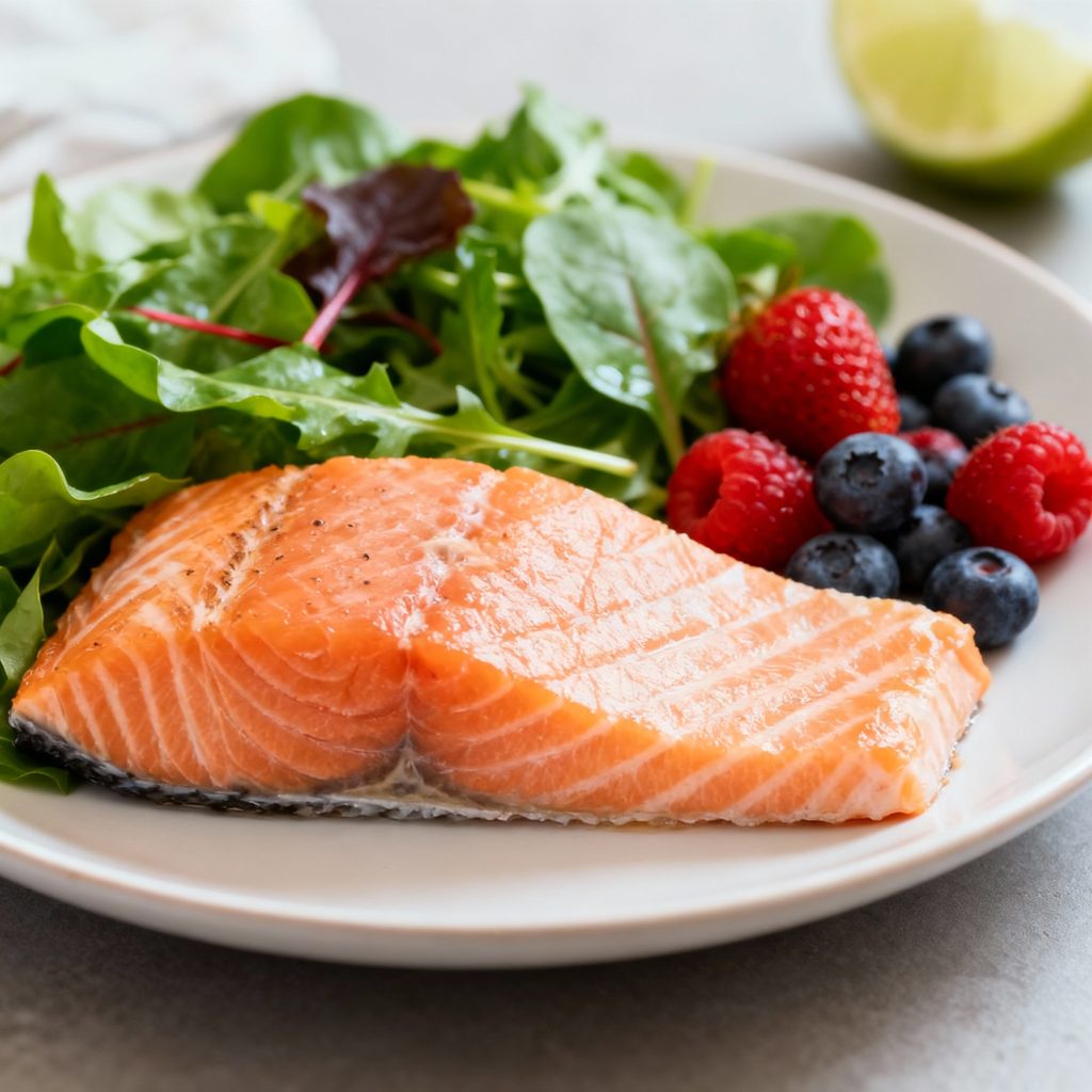 Anti-inflammatory foods for mental health including salmon, leafy greens, berries